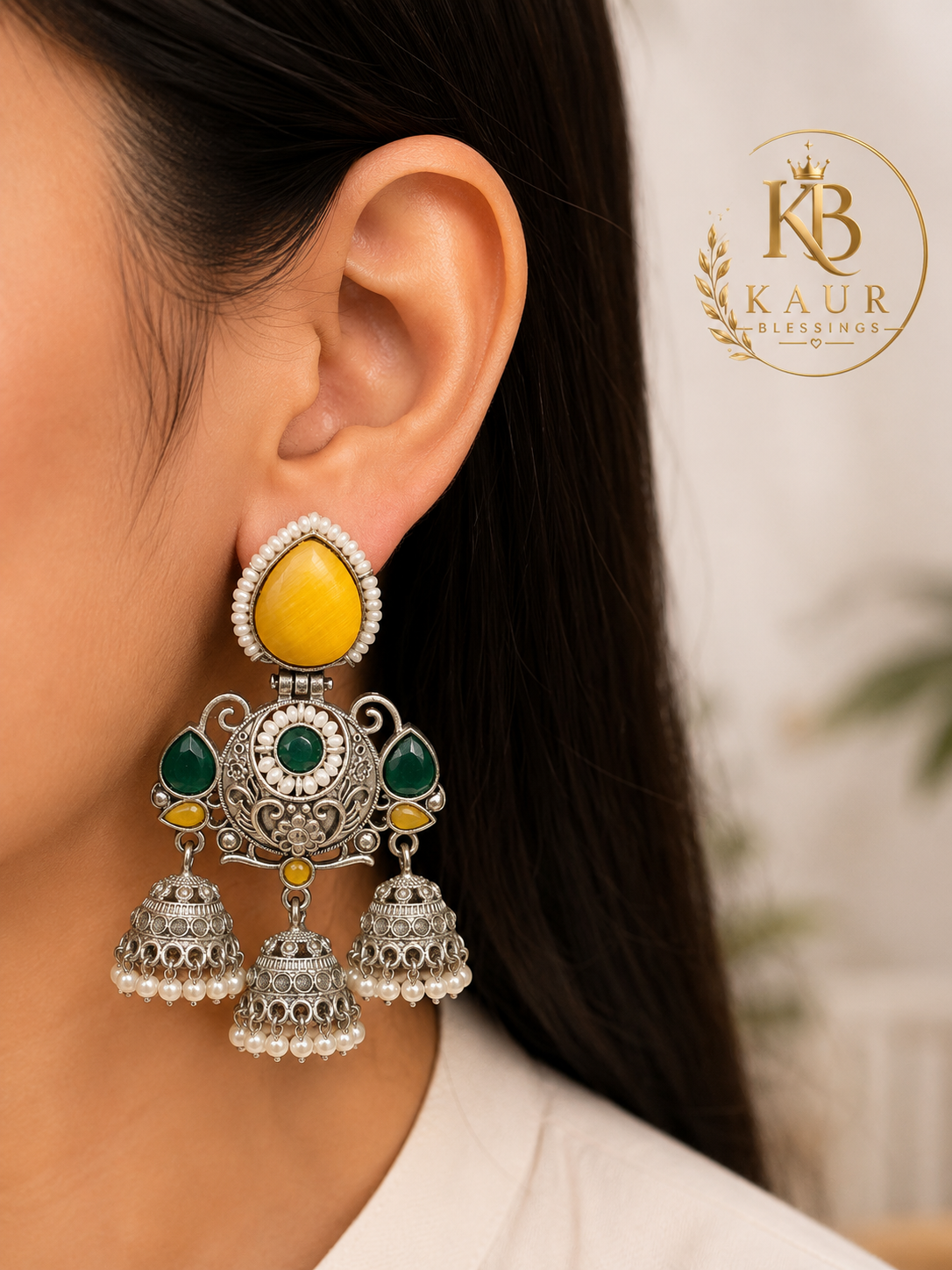 Elegant Yellow & Green Oxidized Jhumka Earrings | Kaur Blessings