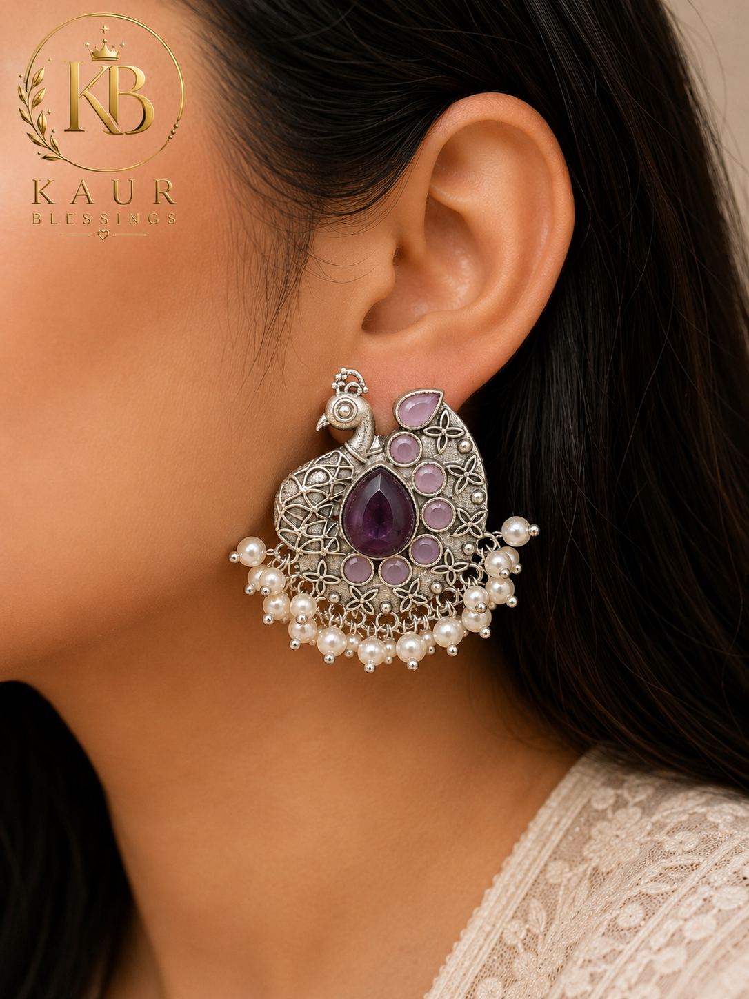 Royal Peacock Statement Earrings – Silver Finish with Purple Stones & Pearl Drops