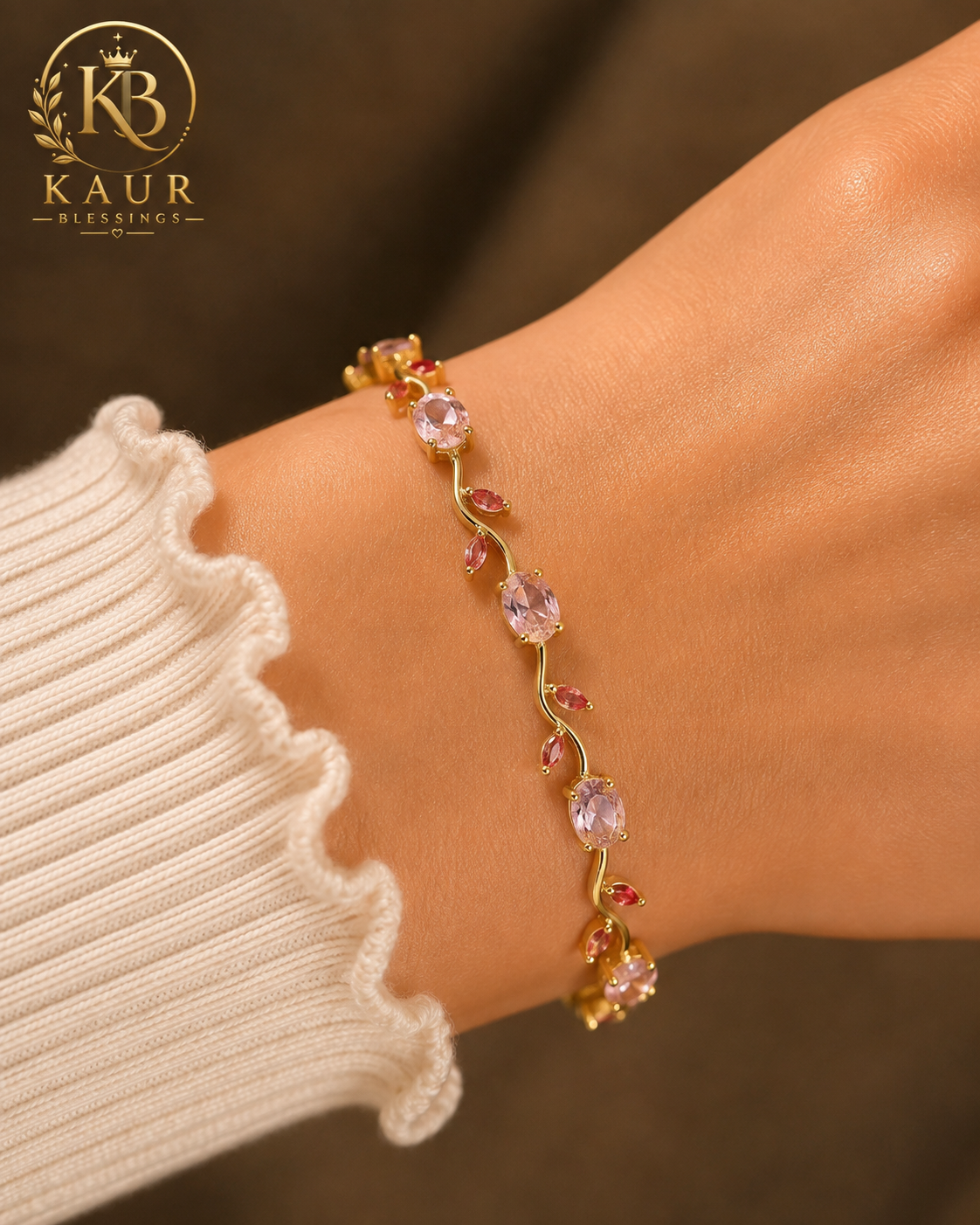 ✨ Pink Crystal Vine Bracelet – Elegant Gold-Tone Design