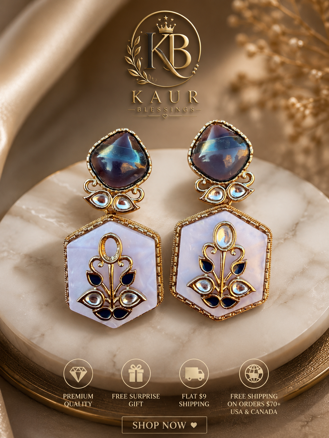 Hexagon Pearl Statement Earrings – Elegant Gold-Plated Designer Earrings | Kaur Blessings