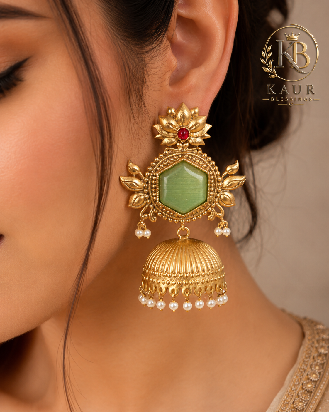 Royal Heritage Green Stone Jhumka Earrings