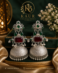 Luxury Emerald & Ruby Oxidized Jhumka Earrings – Traditional Statement Jewelry