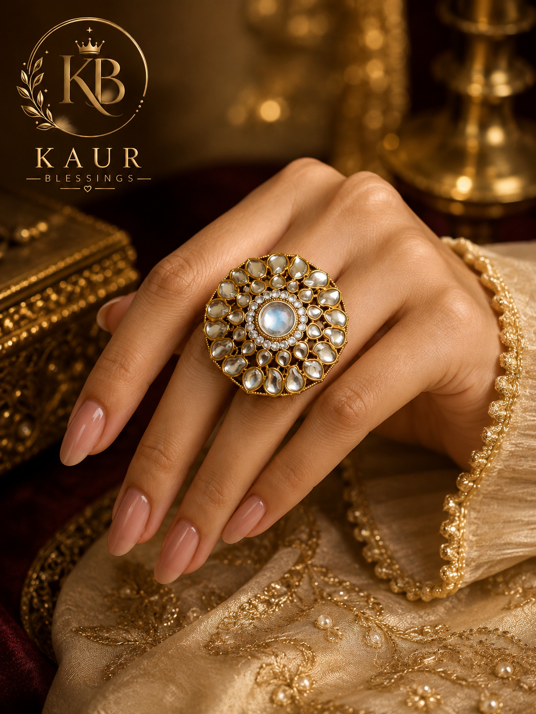 Kaur Blessings Premium Kundan Statement Ring