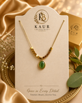 Emerald Green Oval Pendant Necklace – Elegant Gold Beaded Chain | Kaur Blessings