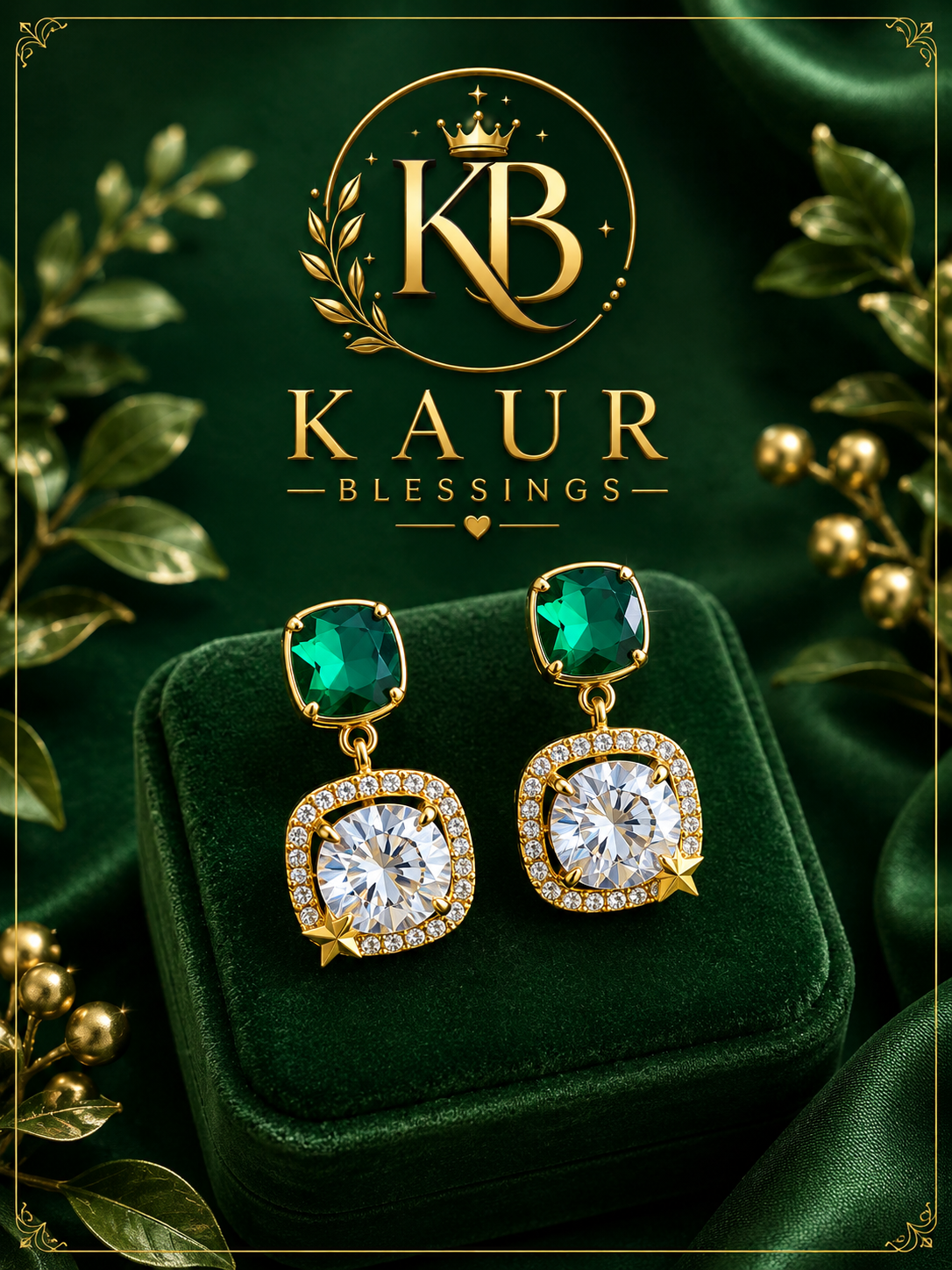 Emerald Sparkle Drop Earrings | Kaur Blessings