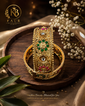 Kaur Blessings Vintage Floral Stone Bangles Set | Traditional Gold-Tone Punjabi Jewelry
