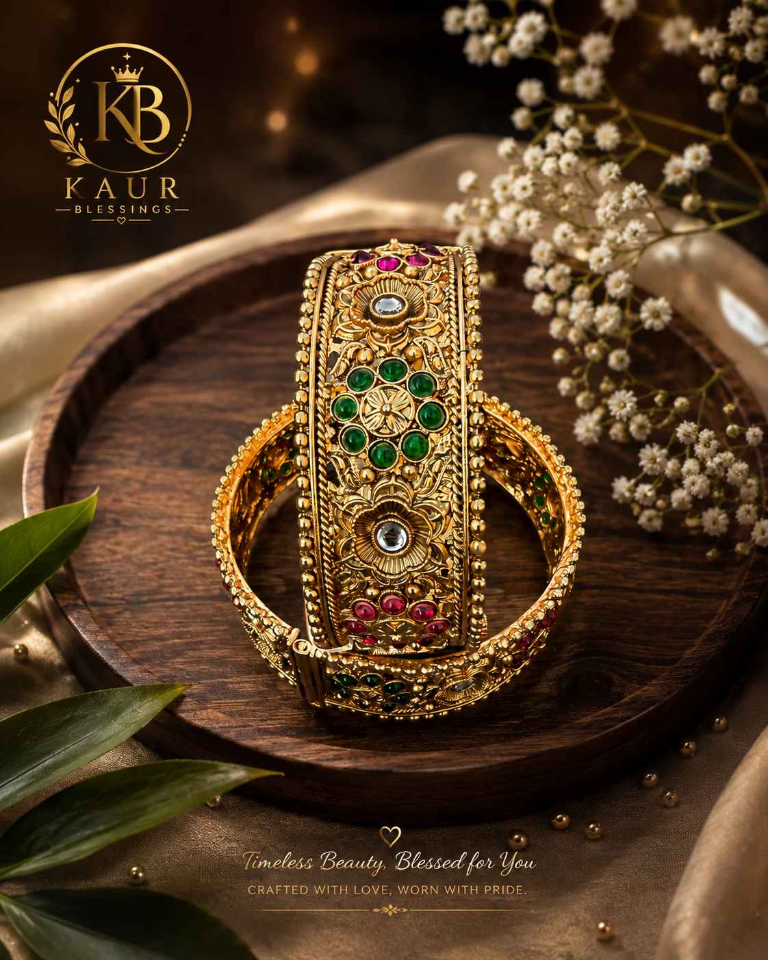 Kaur Blessings Vintage Floral Stone Bangles Set | Traditional Gold-Tone Punjabi Jewelry