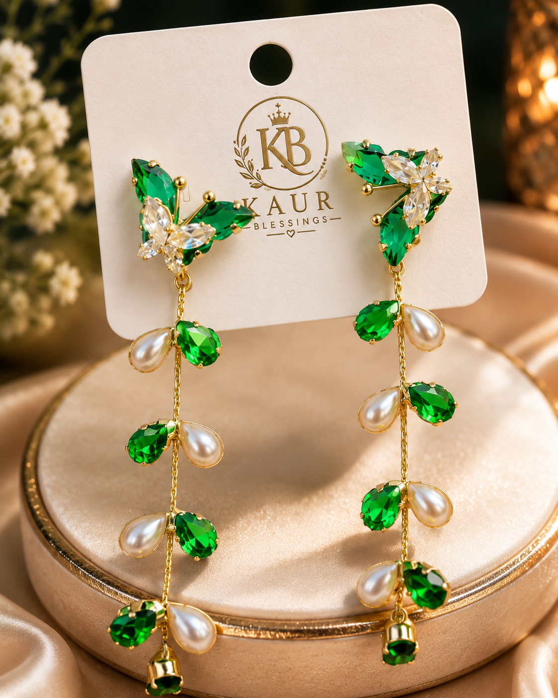 ✨ Emerald Pearl Drop Earrings – Elegant Statement Jewelry | Kaur Blessings