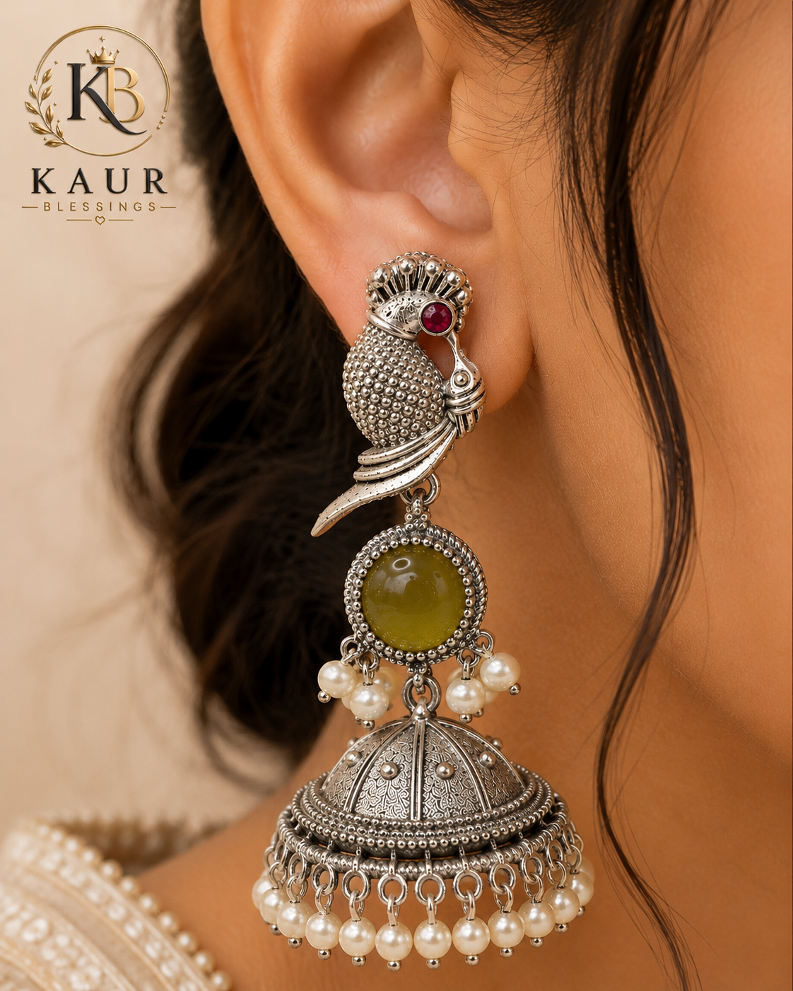 Royal Peacock Oxidized Silver Jhumka Earrings with Green Stone & Pearls