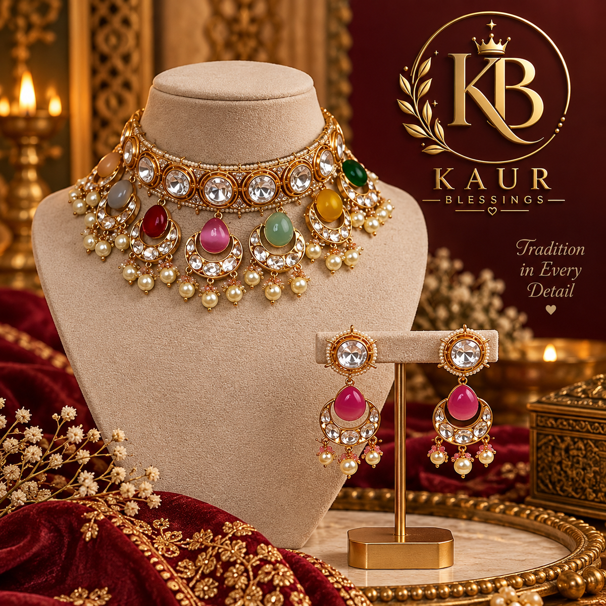 ✨ Multicolor Kundan Choker Necklace & Earrings Set – Traditional Collection
